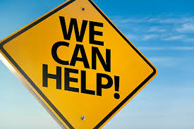 Yellow road sign that says: We can help!